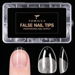 TOMICCA front packaging showing 240 extra short almond tips for easy selection and storage