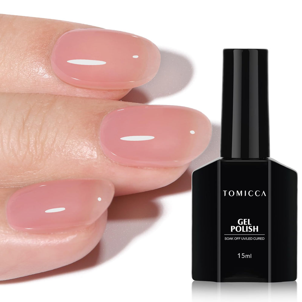 TOMICCA front bottle showing peach pink shade and glossy finish benefit