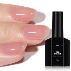 TOMICCA front bottle showing peach pink shade and glossy finish benefit