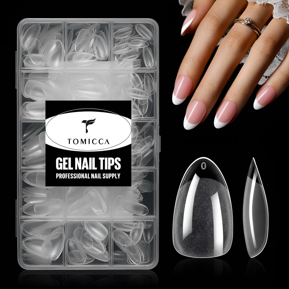TOMICCA front packaging showing 240-piece short almond set and clear benefits