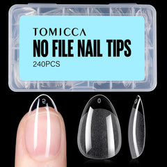 TOMICCA front packaging showing 240-piece almond tips, ready for quick manicures