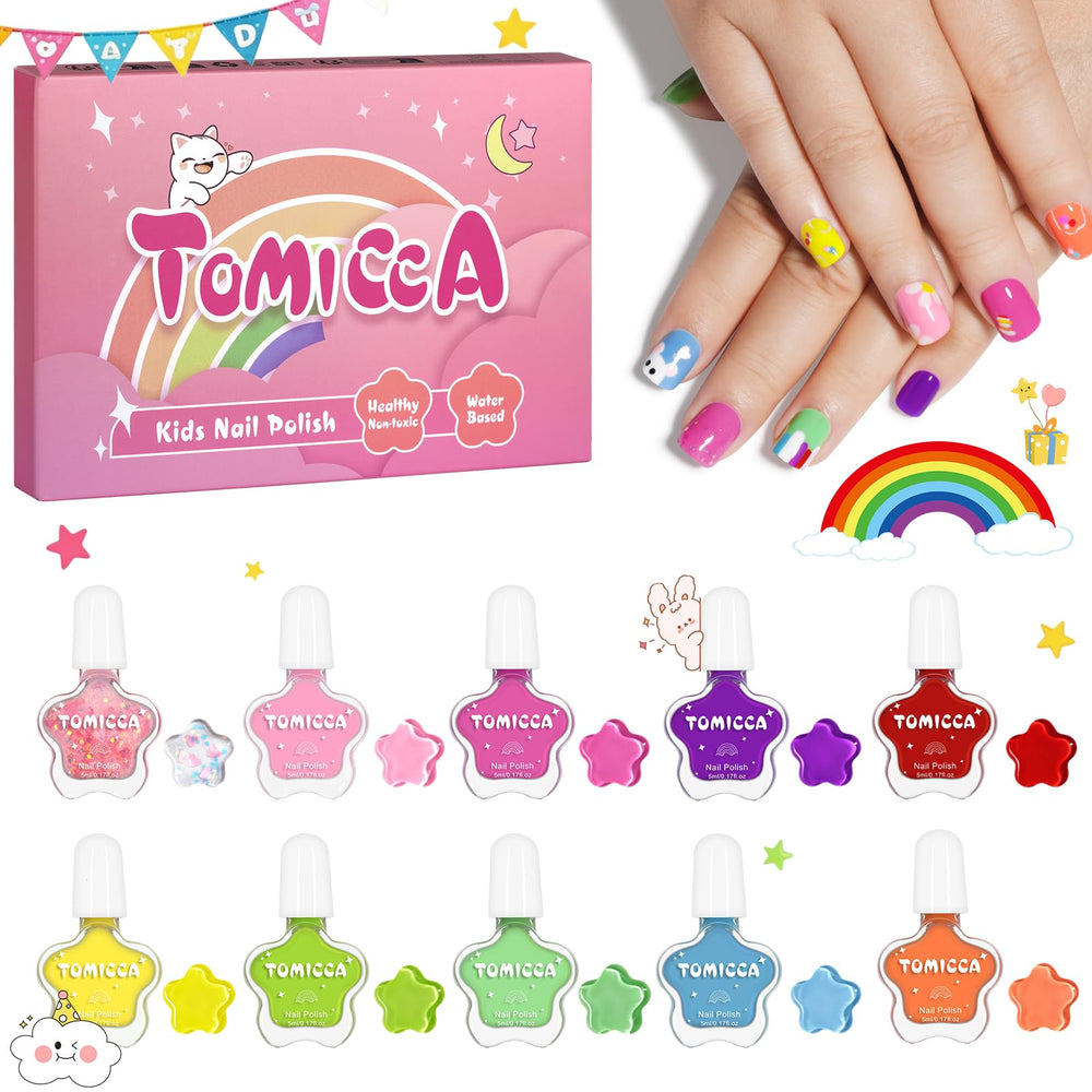 TOMICCA front packaging showing 10 colorful bottles and safe benefits