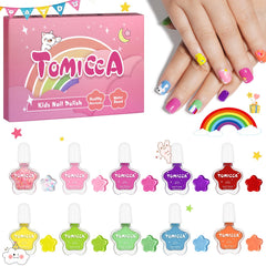 TOMICCA front packaging showing 10 colorful bottles and safe benefits