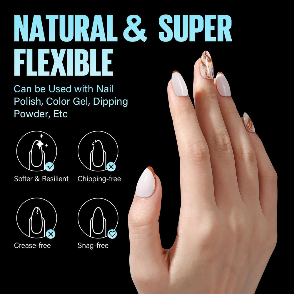 TOMICCA press-on demo on natural hands illustrating instant extensions