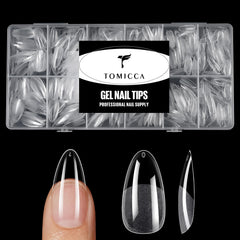 TOMICCA tips on a hand for scale showing natural almond length and comfort