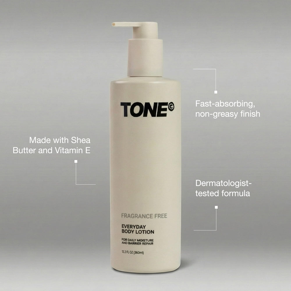 TONE shea butter and vitamin E ingredients displayed for nourishing hydration benefits
