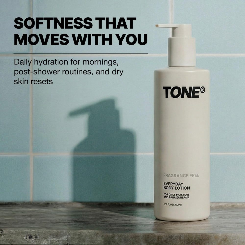 TONE creamy lotion texture close-up highlighting fast-absorbing, non-greasy finish