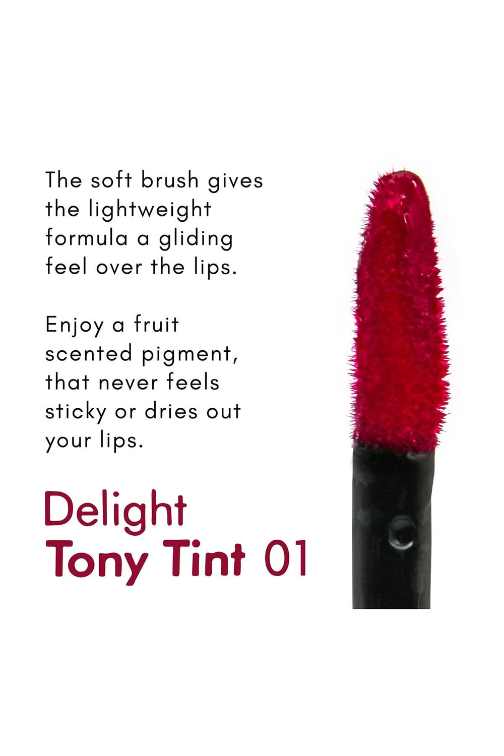 TONYMOLY tint being applied to lips, demonstrating buildable color and shine