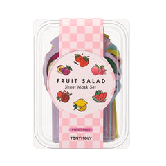 TONYMOLY front packaging of the 6-piece Fruit Salad mask set showing colorful sachets and benefits