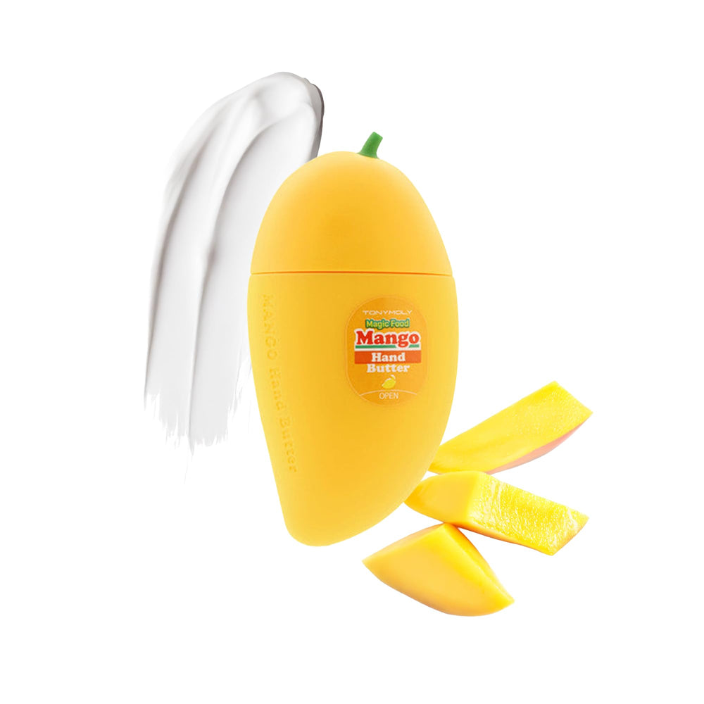 TONYMOLY mango hand butter front packaging shows playful jar and benefit of moisturizing