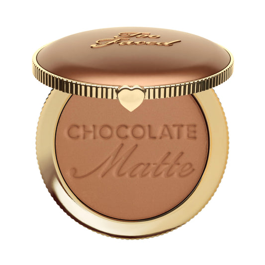 Too Faced Chocolate Soleil front compact showing sleek case and matte bronzer for natural warmth