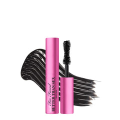 Too Faced travel tube front view showing compact design and bold black color