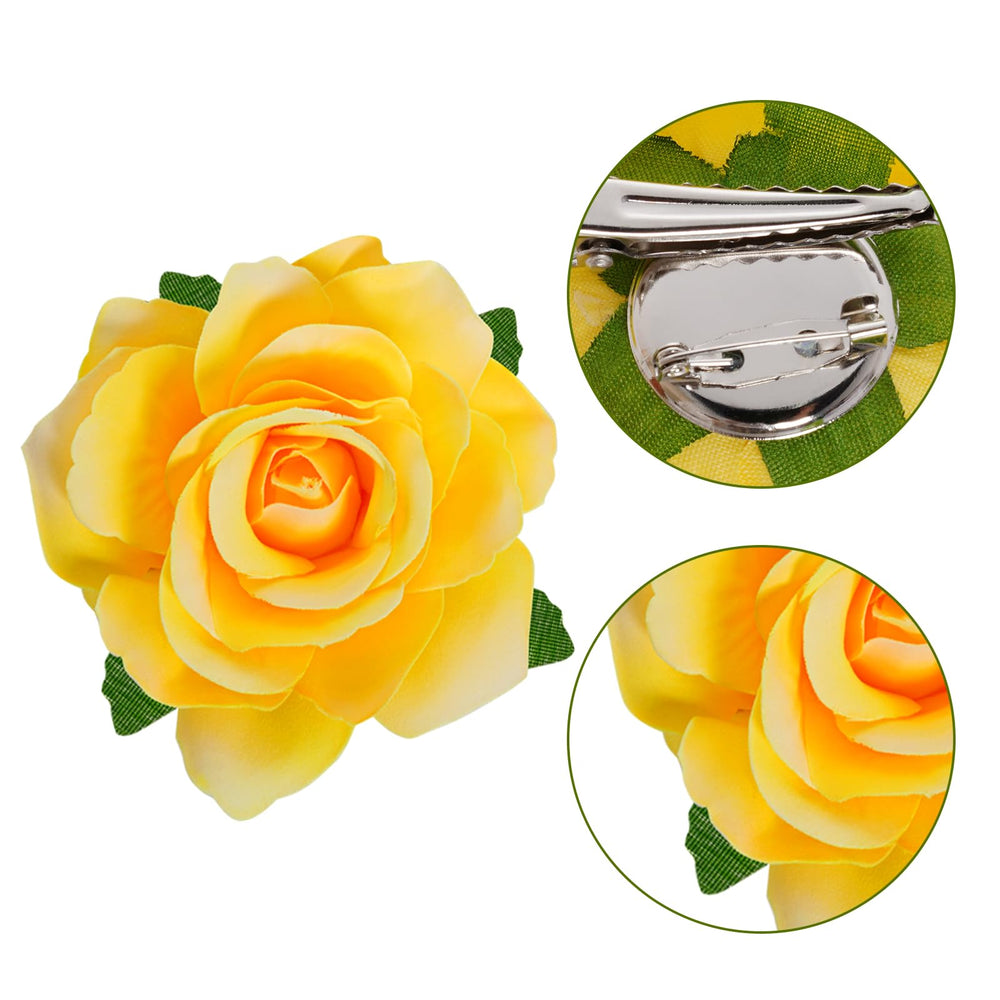 Topbuti rose clipped in styled hair adding a bright, secure floral accent