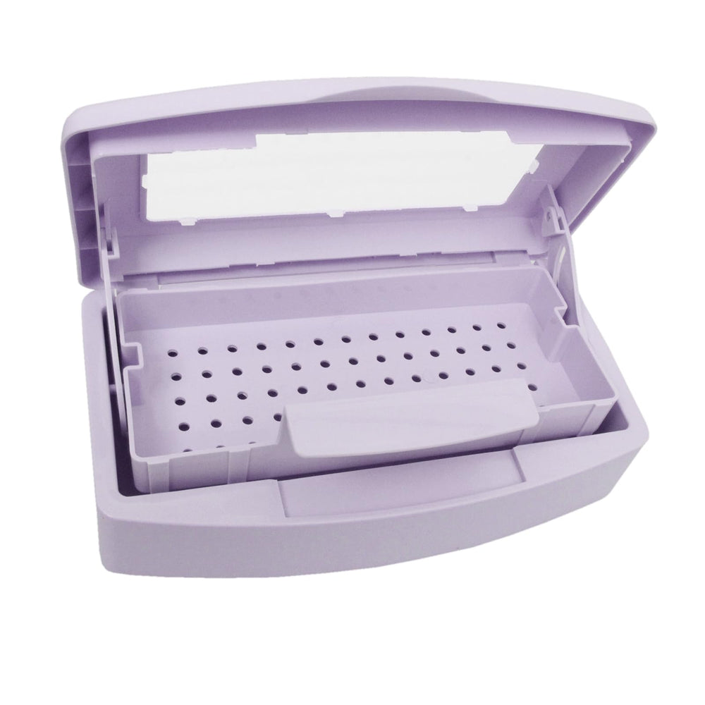 TOPCOMWW sterilizer box front view with clear lid showing submerged tools and neat storage benefit