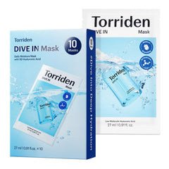 Torriden front packaging showing 10-sheet mask set and branding benefits