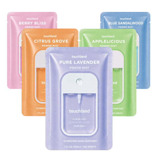 Touchland front packaging showing five travel sanitizer mists and benefits
