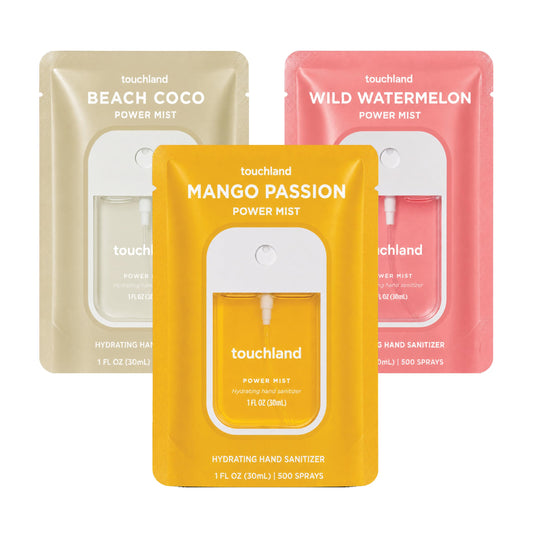 Touchland front packaging showing three tropical scent mists for easy travel