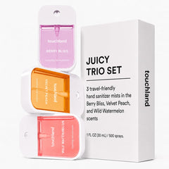 Touchland Velvet Peach bottle angled to show texture and gentle skin conditioning