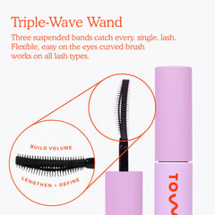 Tower 28 mini mascara next to lipstick for compact size reference