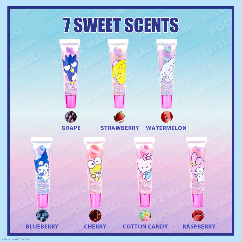 Townley Girl seven glosses laid out displaying scent variety and color choice