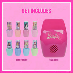 Townley Girl Barbie eight polish bottles arranged, clear color choices for imaginative styling