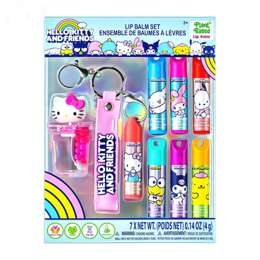 Townley Girl front packaging showing seven Hello Kitty lip balms and keychain benefit portability