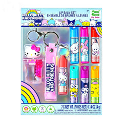 Townley Girl front packaging showing seven Hello Kitty lip balms and keychain benefit portability