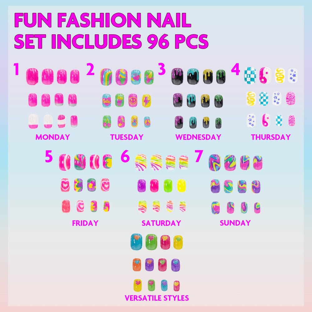 Townley Girl assorted nails laid out displaying patterns and size variety for mixing