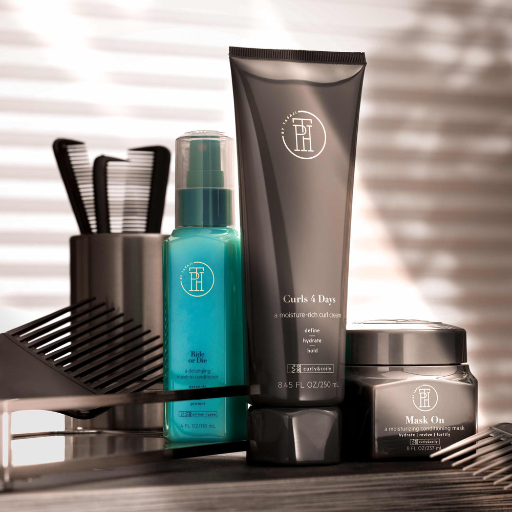 TPH by Taraji jar on bathroom shelf indicating convenient at-home treatment