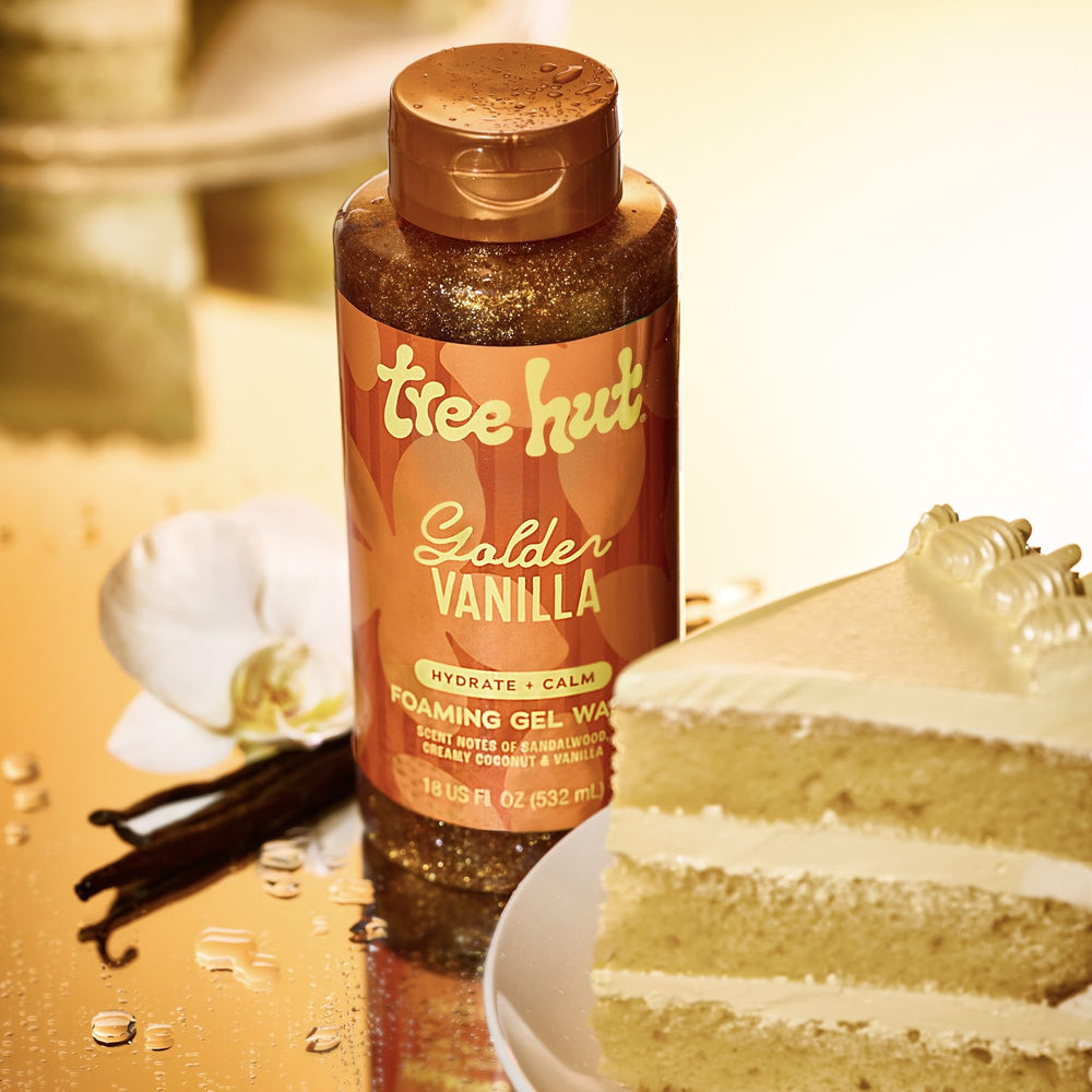 Tree Hut body wash lathered on bath pouf demonstrating gentle cleansing