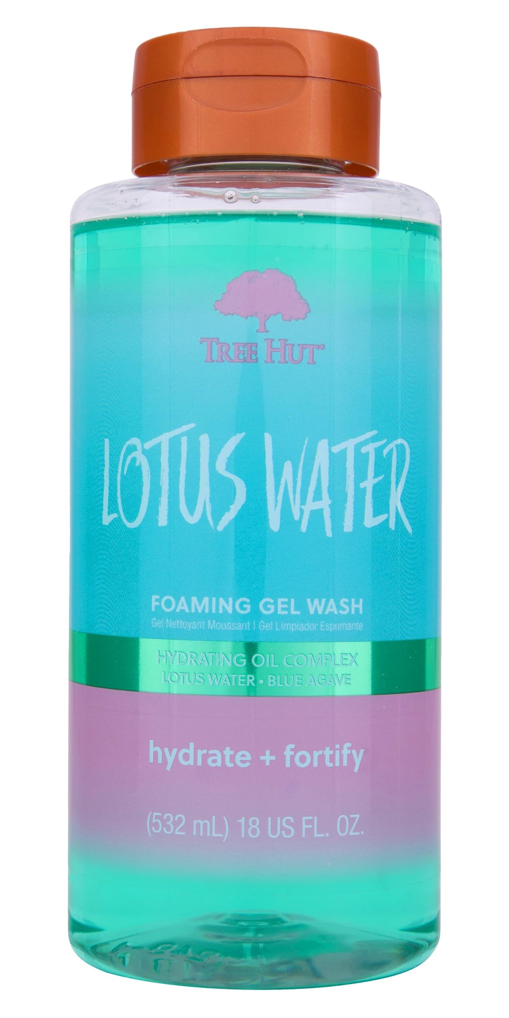 Tree Hut front bottle showing lotus water scent and 18 fl oz size for easy identification