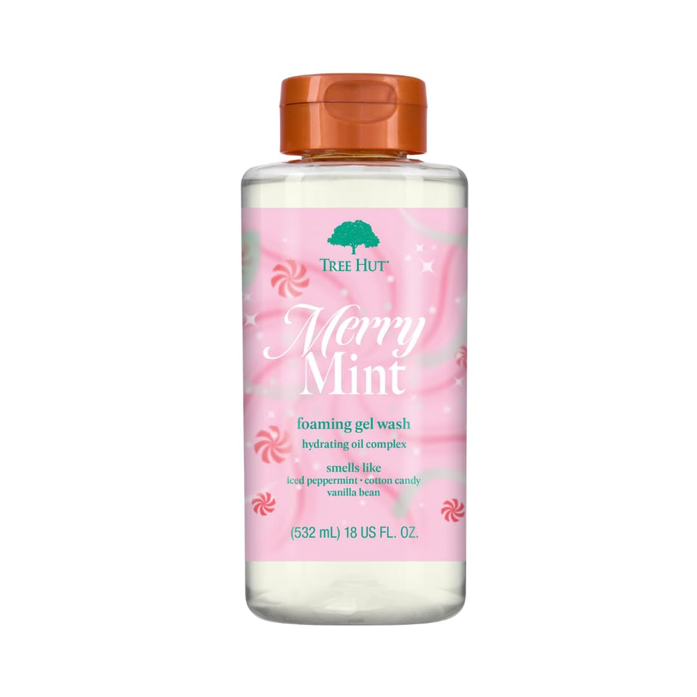 Tree Hut bottle front packaging showing festive peppermint scent benefit