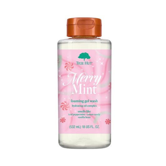 Tree Hut bottle front packaging showing festive peppermint scent benefit