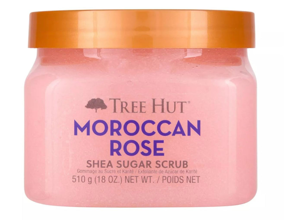 Tree Hut jar front view showing Moroccan Rose fragrance and compact benefit
