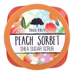 Tree Hut peach sorbet open tub close-up of creamy sugar scrub texture