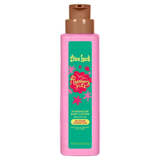Tree Hut front bottle view showing packaging and playful raspberry scent benefits
