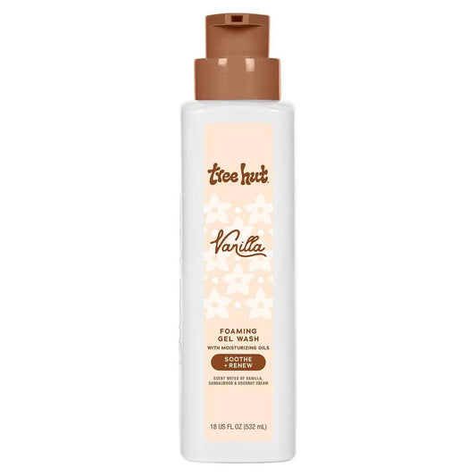 Tree Hut front packaging showing bottle and warm vanilla fragrance benefit