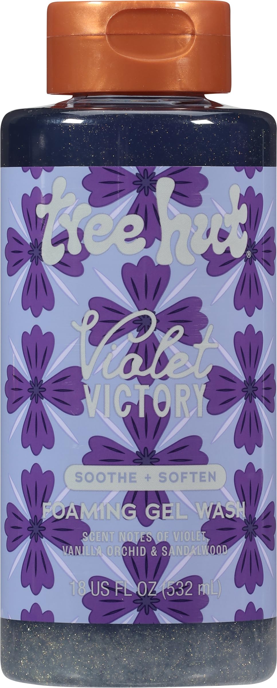 Tree Hut front bottle view showing label and violet scent benefits