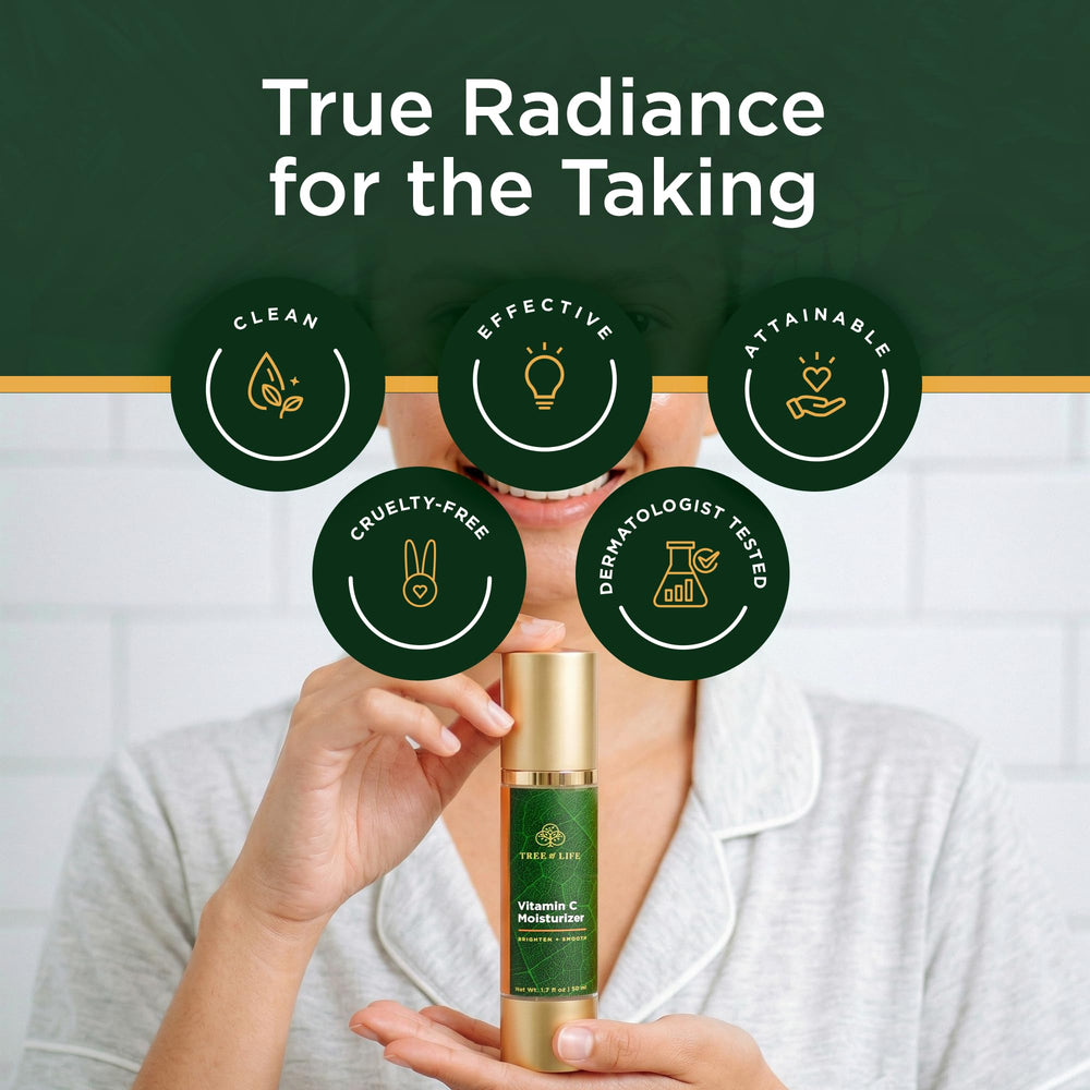Tree of Life Beauty on bathroom vanity in lifestyle scene promoting routine simplicity