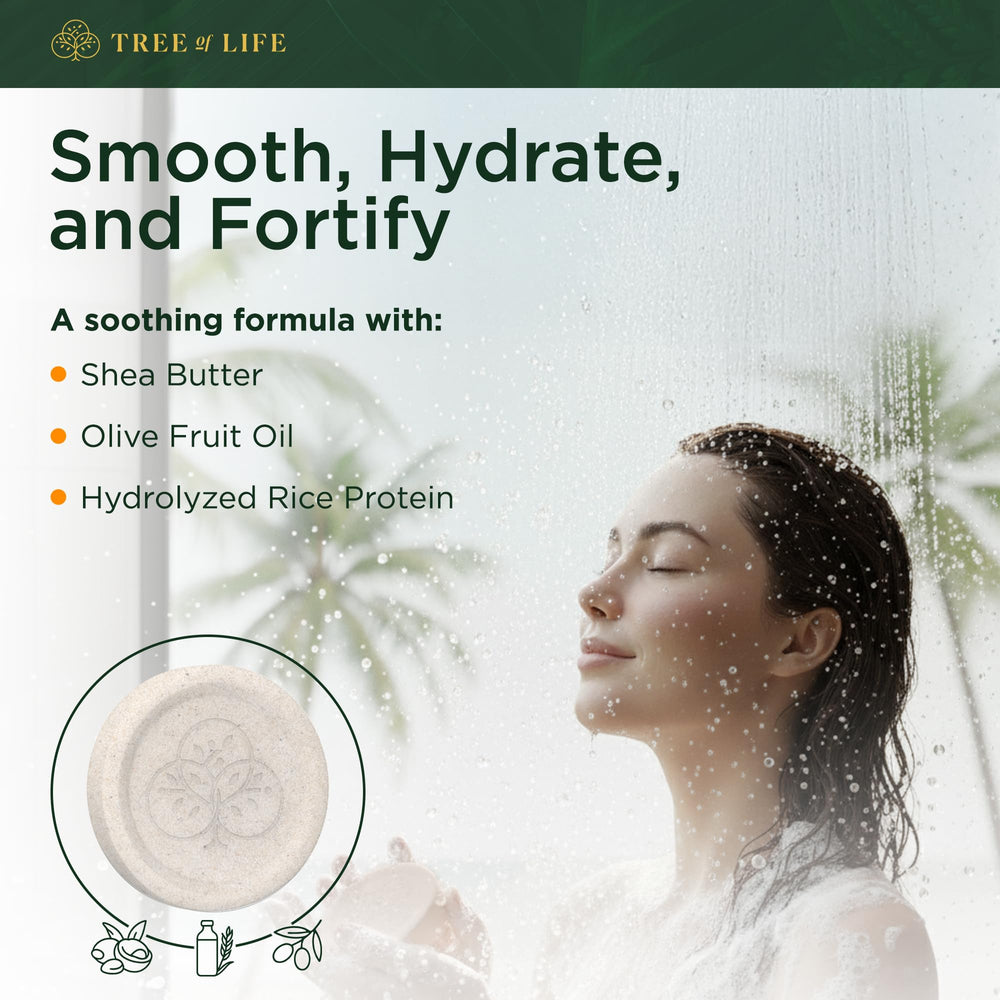 Tree of Life conditioner bar in hand showing compact size and travel convenience