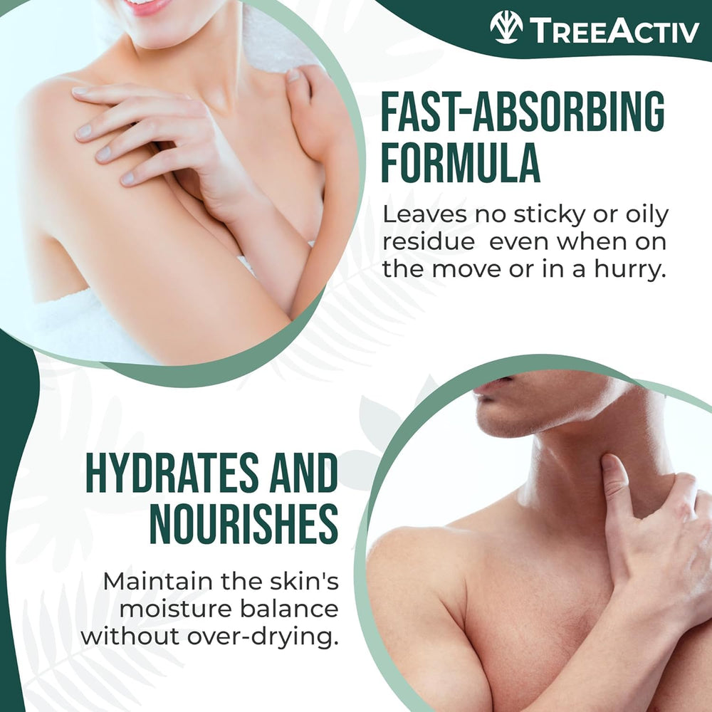 TreeActiv being sprayed on clean back after shower for post-workout care