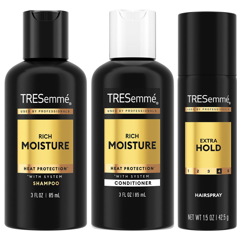 TRESemmé travel set front packaging showing compact bottles and hairspray for convenience
