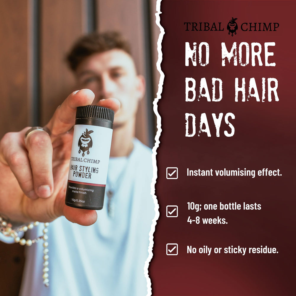 Tribal Chimp product being applied with fingertips at roots for quick lift and control