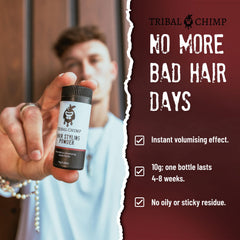 Tribal Chimp product being applied with fingertips at roots for quick lift and control
