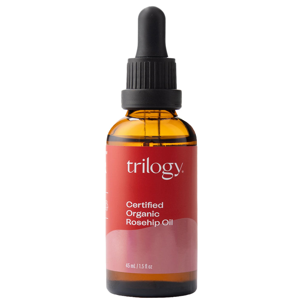 Trilogy front bottle of rosehip oil showing clean packaging and organic claim for gentle nourishment