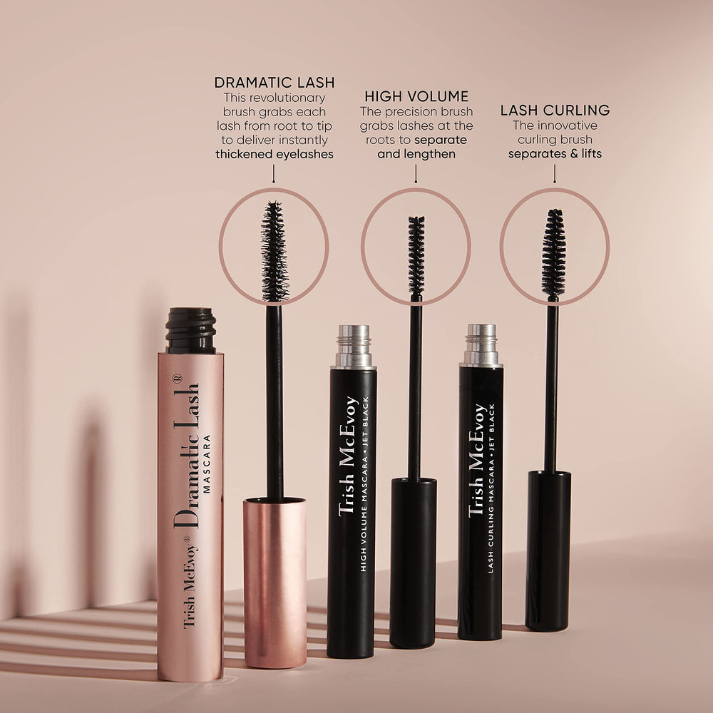 Trish McEvoy mascara beside coin for scale showing compact size for travel convenience