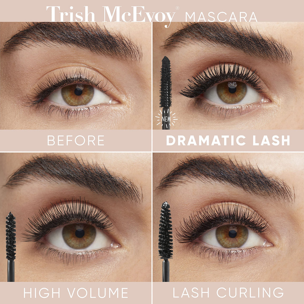 Trish McEvoy mascara size next to coin illustrating compact travel-friendly weight