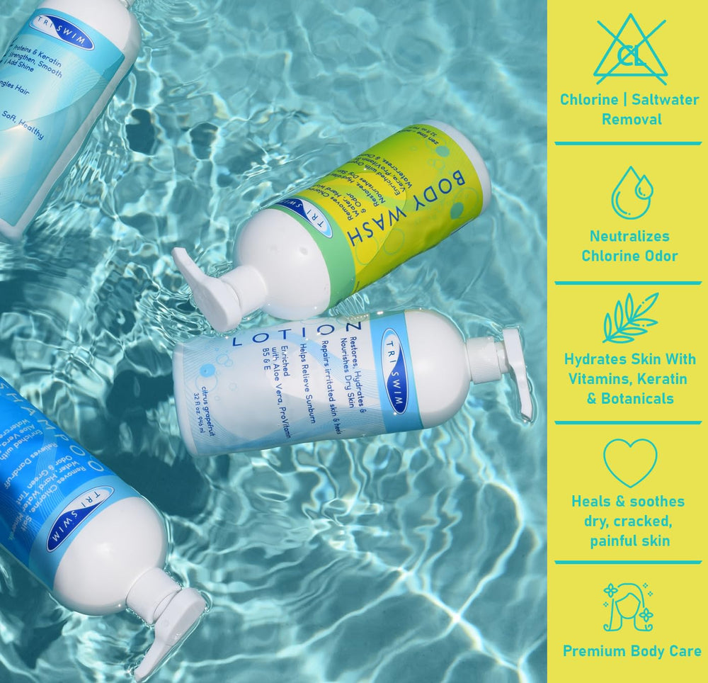 TRISWIM in-shower application on swimmer showing effective chlorine removal