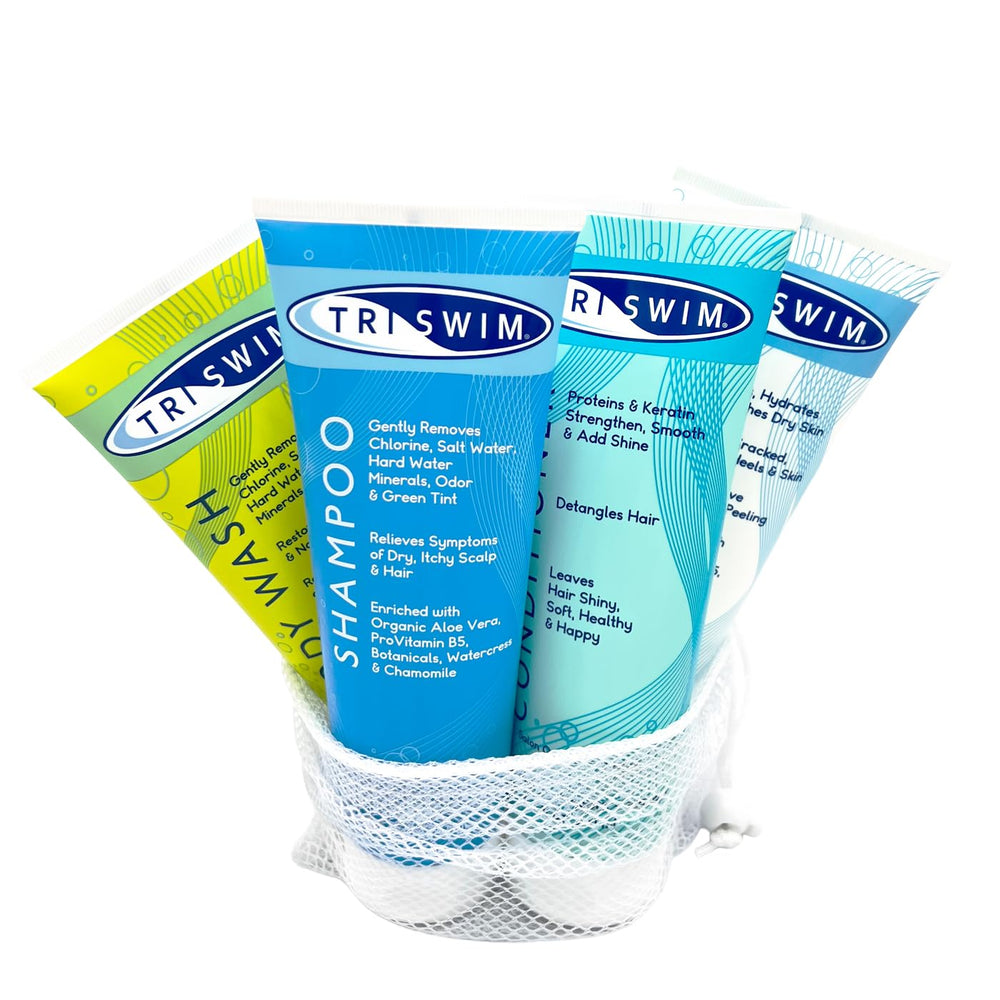 TRISWIM front pack shot showing all four bottles and clear labels for easy identification and routine