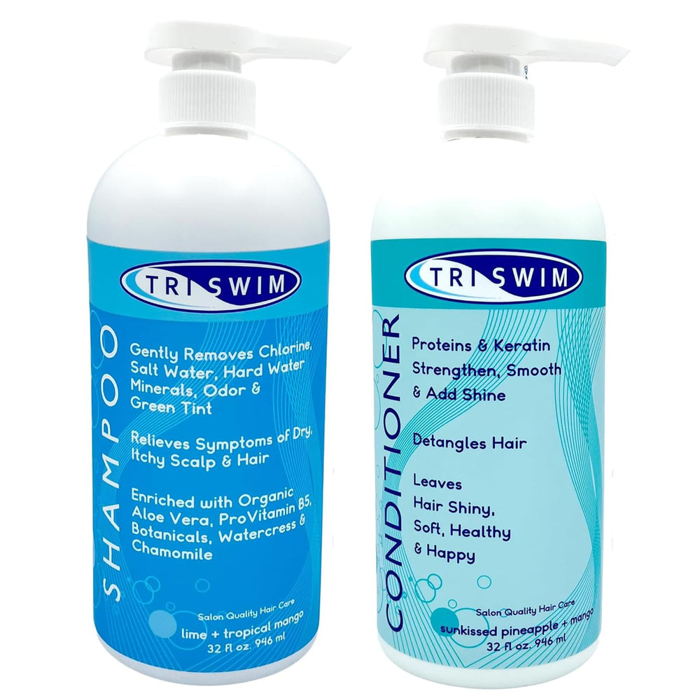 TRISWIM front packaging bundle showing two 32 oz pump bottles for swimmer convenience and value